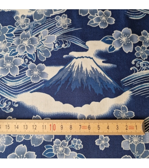 Japanese fabric ‘Tatoo: Fujisan to sakura’ in blue. 100% cotton.