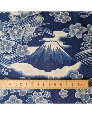 Japanese fabric ‘Tatoo: Fujisan to sakura’ in blue. 100% cotton.