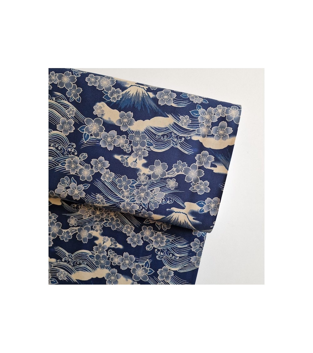 Japanese fabric ‘Tatoo: Fujisan to sakura’ in blue. 100% cotton.