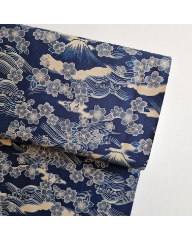 Japanese fabric ‘Tatoo: Fujisan to sakura’ in blue. 100% cotton.