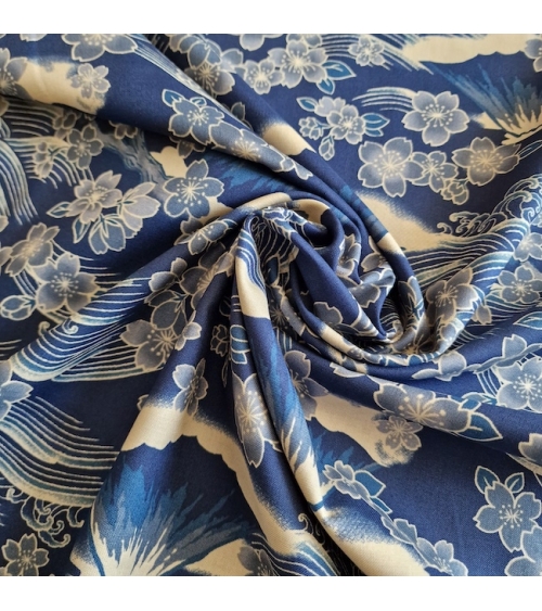 Japanese fabric ‘Tatoo: Fujisan to sakura’ in blue. 100% cotton.