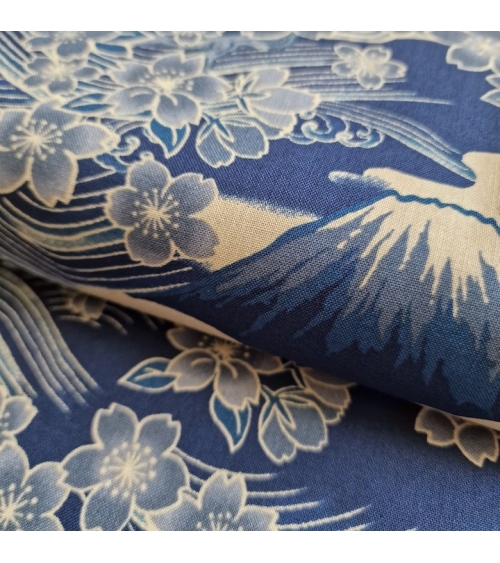 Japanese fabric ‘Tatoo: Fujisan to sakura’ in blue. 100% cotton.