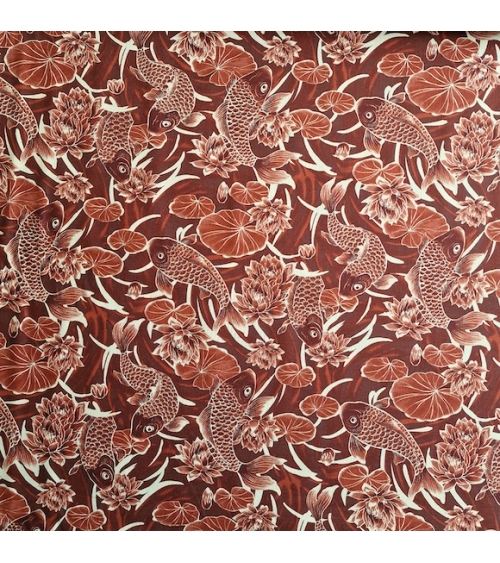 Tela japonesa "Tatoo: Carpas koi" en rojo óxido.