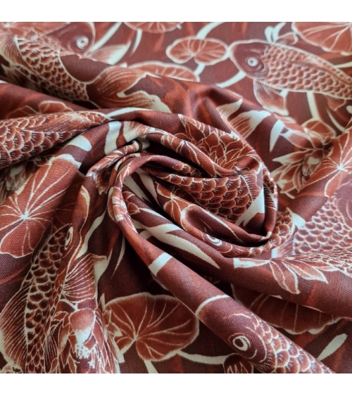 Tela japonesa "Tatoo: Carpas koi" en rojo óxido.