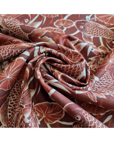Japanese fabric ‘Tatoo: Koi fish’ in rust red. 100% cotton.