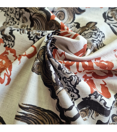 Japanese dobby fabric "Karajishi botan" on ivory.
