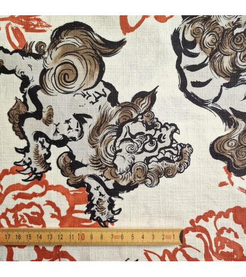 Japanese dobby fabric "Karajishi botan" on ivory.