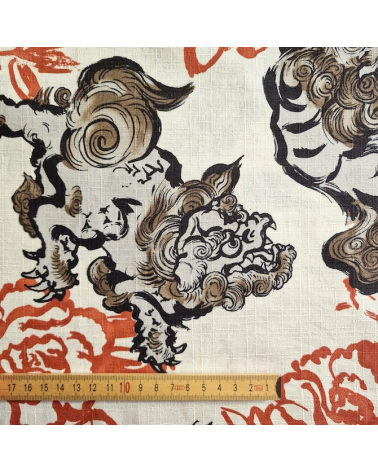 Japanese dobby fabric "Karajishi botan" on ivory.