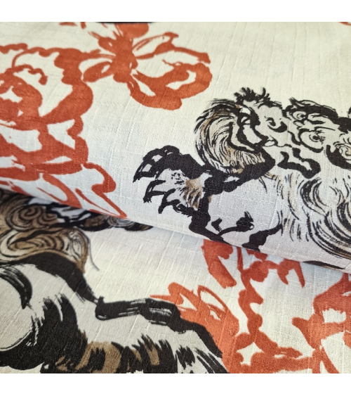 Japanese dobby fabric "Karajishi botan" on ivory.
