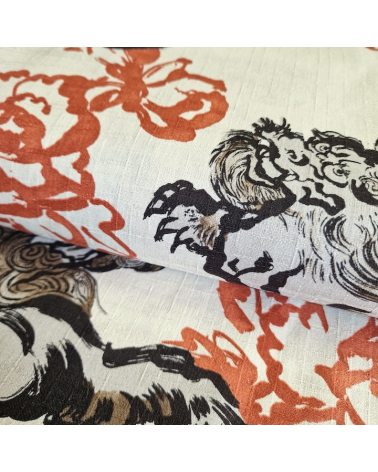Japanese dobby fabric "Karajishi botan" on ivory.