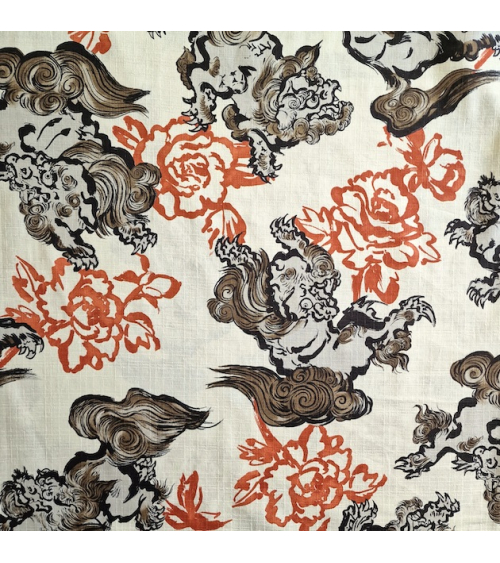 Japanese dobby fabric "Karajishi botan" on ivory.
