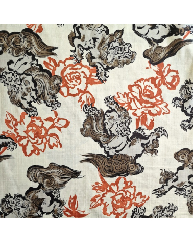 Japanese dobby fabric "Karajishi botan" on ivory.