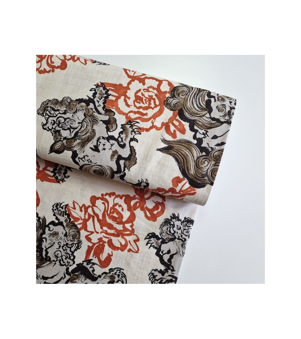 Japanese dobby fabric "Karajishi botan" on ivory.