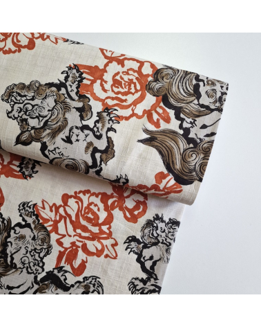 Japanese dobby fabric "Karajishi botan" on ivory.