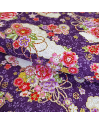 Tela japonesa de algodón de nubes y flores en violeta