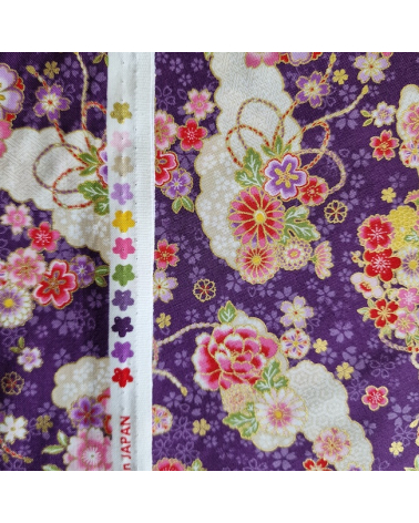 Tela japonesa de algodón de nubes y flores en violeta