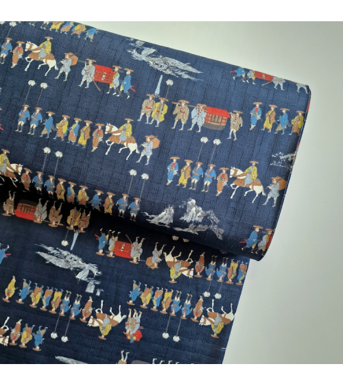Tela de dobby japonés "El viaje del samurai" en azul