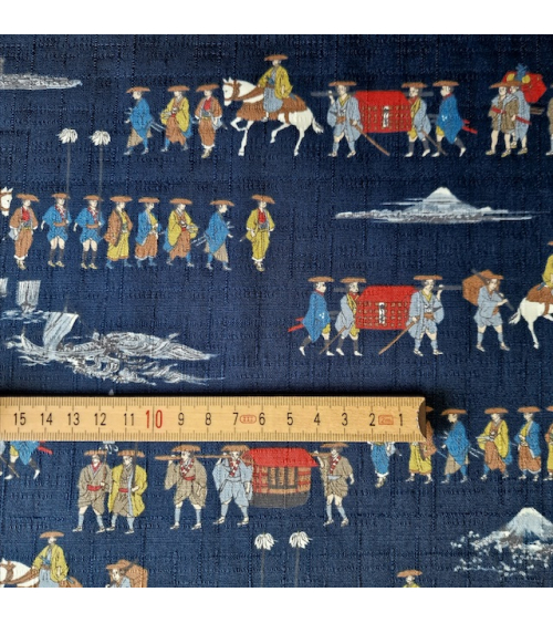 Tela de dobby japonés "El viaje del samurai" en azul