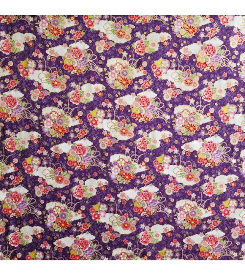 Japanese cotton fabric of clouds and flowers in violet.