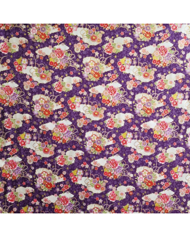 Japanese cotton fabric of clouds and flowers in violet.