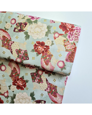 Japanese cotton fabric 'Fans and multicolor flowers' in mint green.