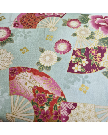 Japanese cotton fabric 'Fans and multicolor flowers' in mint green.