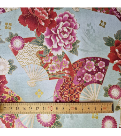 Japanese cotton fabric 'Fans and multicolor flowers' in mint green.