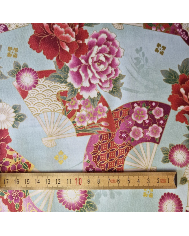 Japanese cotton fabric 'Fans and multicolor flowers' in mint green.