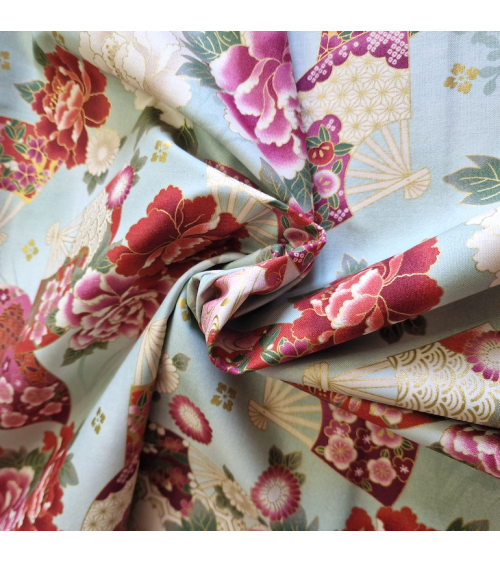 Japanese cotton fabric 'Fans and multicolor flowers' in mint green.