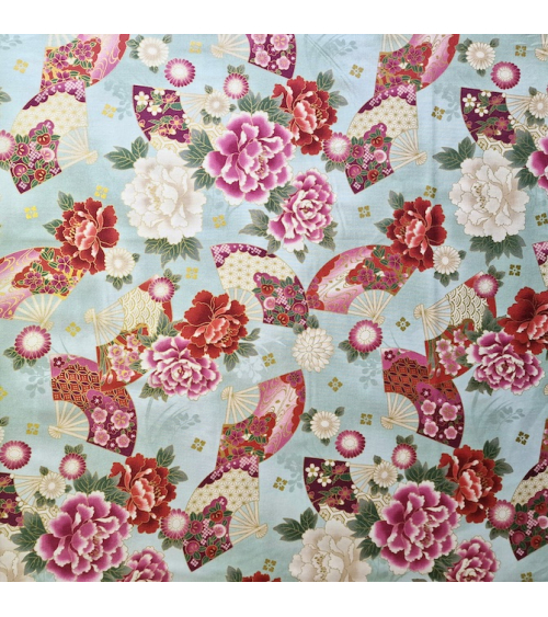 Japanese cotton fabric 'Fans and multicolor flowers' in mint green.