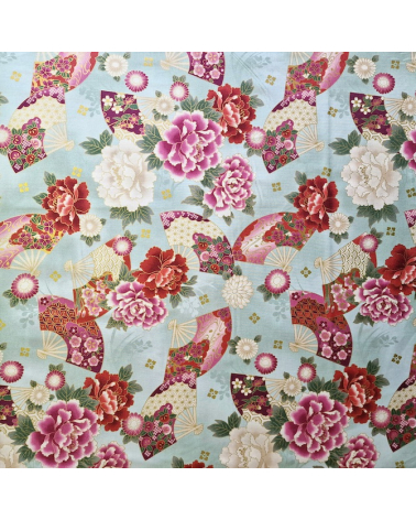 Japanese cotton fabric 'Fans and multicolor flowers' in mint green.