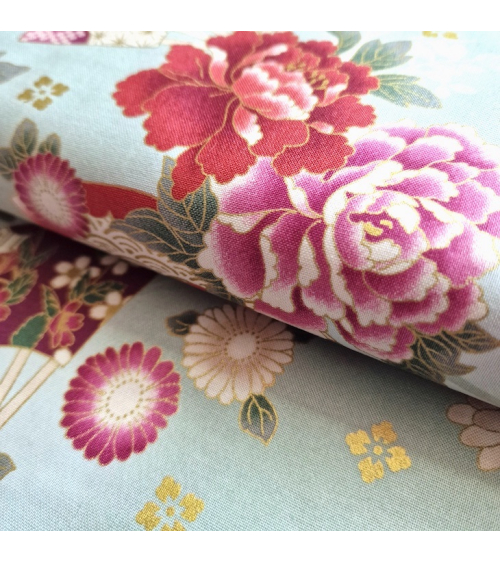 Japanese cotton fabric 'Fans and multicolor flowers' in mint green.