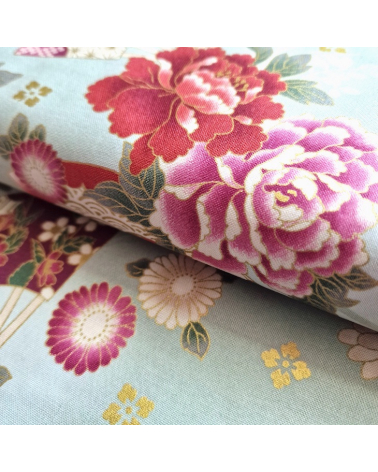 Japanese cotton fabric 'Fans and multicolor flowers' in mint green.